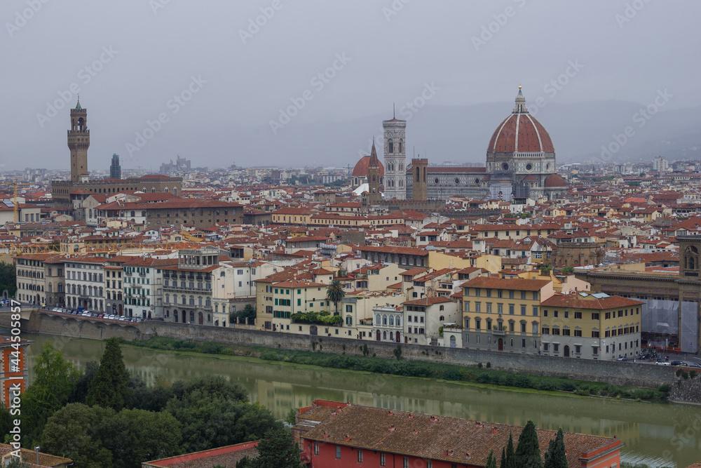 View of the historic center of Florence on a foggy September morning. Italy