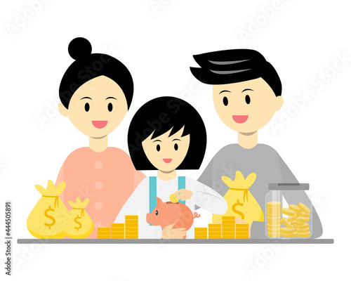 parents teaching daughter to save money. family learning about money cartoon vector