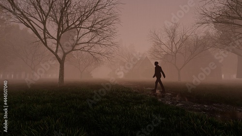 person walking in the fog