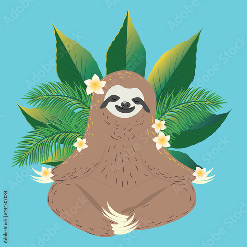 Yoga sloth with tropic plants