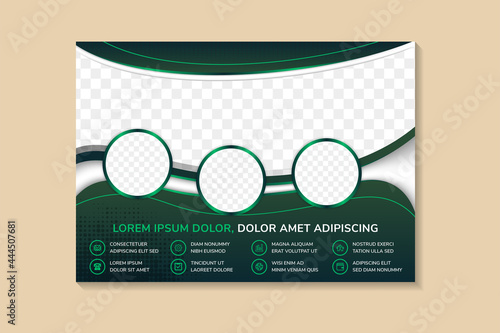 abstract flyer template design with dummy text. horizontal layout with dark green gradient background combined with white and light green on elements. circle and curve space for photo collage