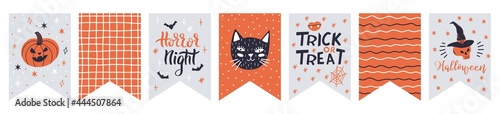Halloween bunting. Cute halloween flags bunting decoration, hanging spooky bats and pumpkins bunting vector illustration set. Halloween party decor