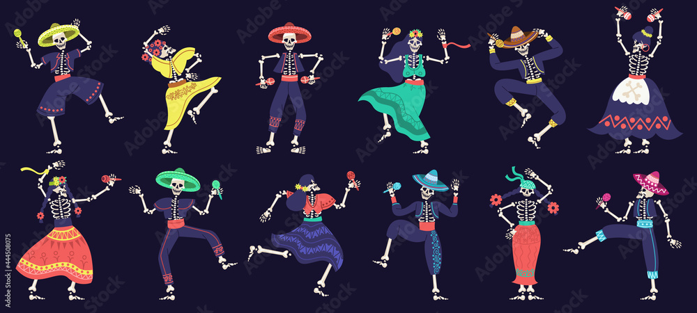 Naklejka premium Dia de los muertos skeletons. Day of dead dancing skeletons party, mexican festival skeleton mascots vector illustration set. Dancing halloween holiday skeletons