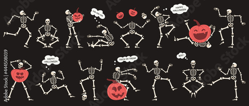 Halloween skeletons with pumpkins. Spooky halloween party skeletons characters isolated vector illustration set. Skeleton mascots and pumpkins