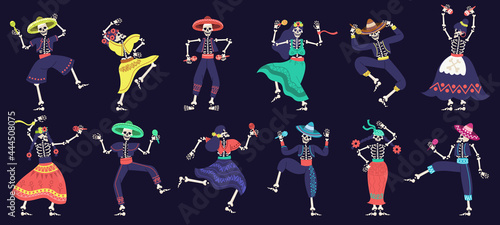 Dia de los muertos skeletons. Day of dead dancing skeletons party, mexican festival skeleton mascots vector illustration set. Dancing halloween holiday skeletons