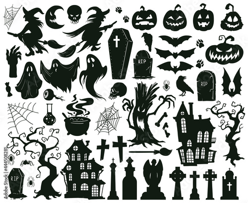 Halloween spooky elements. Cartoon halloween spooky evil silhouettes, witches, monsters and creepy ghost vector illustration set. Happy halloween scary silhouettes