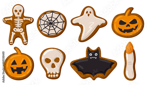 Cartoon Halloween spooky gingerbread cookies, pumpkin, skull and ghost