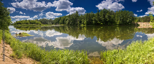 Panorama photo of high-resolution large size, river and forest, summer landscape