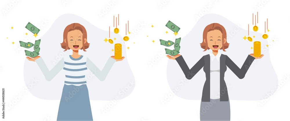 Economy and savings concept.Happy woman in casual dress and business uniform holding full of coins and banknotes in both hands. Flat vector cartoon character illustration.