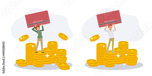 Set of Man and woman holds a bank passbook and stands on stack of golden coins. savings money concept. Flat vector cartoon character illustration.