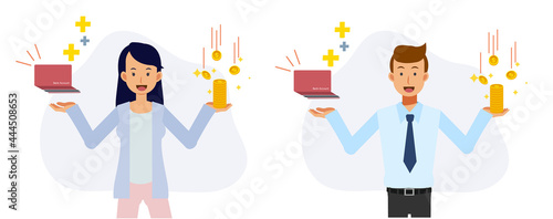 Set of Man and woman holds a bank passbook which increase profit in Left hand. In right hand is a stack of coins.savings money and profit concept. Flat vector cartoon character illustration.