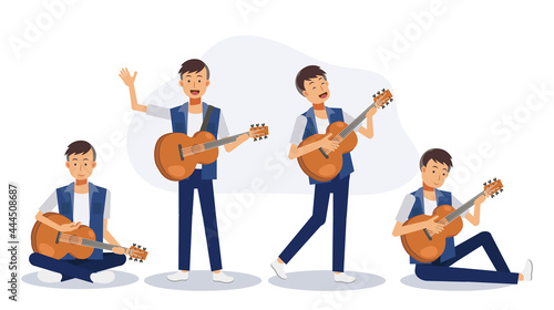 Set of man with acoustic guitar. A man playing guitar. Flat vector 2D cartoon character illustration.