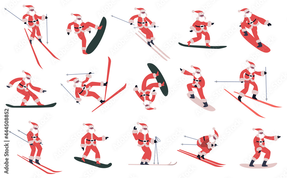 Snowboarding Santa Claus. Skiing, snowboarding sliding Santa mascots, winter sports Santa characters vector illustration set. Sporting Santa mascots Snowboarding Santa Claus. Skiing, snowboarding sliding Santa mascots, winter sports Santa characters vector illustration set. Sporting Santa mascots