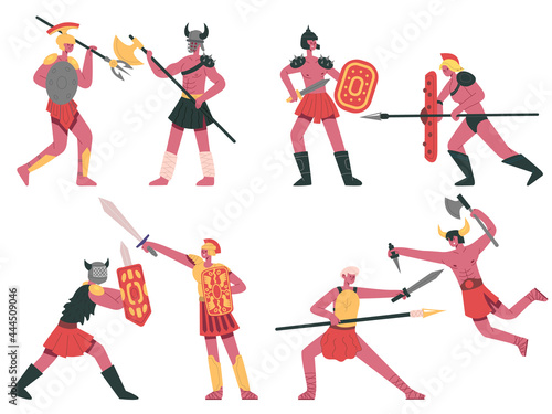Fighting roman gladiators. Warlike armed greek warriors, roman battle gladiators cartoon vector illustration set. Ancient roman fighters
