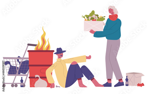 Homeless people donation. Volunteer assistance to homeless, donate food and clothes cartoon isolated vector illustration. Poor people charity support