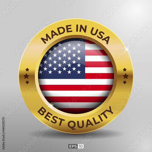 Made in USA Label, Logo, Stamp Best Quality Round Flag of Nation with 3D Elegant Gold Glossy Effect