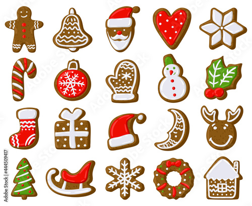 Christmas gingerbread cookies. Holiday treat biscuits, gingerbread man, xmas fir tree and present box vector illustration set. Holiday gingerbread biscuits