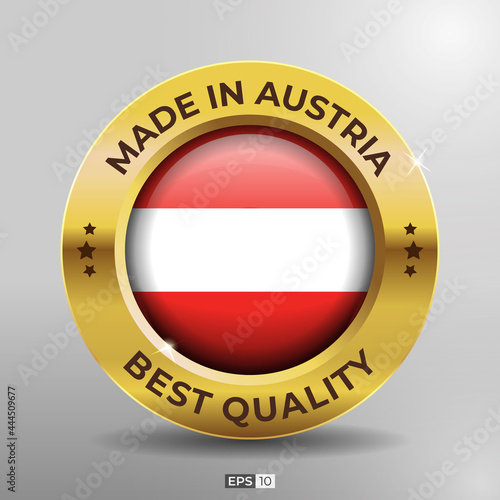 Made in Austria Label, Logo, Stamp Best Quality Round Flag of Nation with 3D Elegant Gold Glossy Effect Free Download Made in Austria Label, Logo, Stamp Best Quality Round Flag of Nation with 3D Elegant Gold Glossy Effect - GFXLoad
