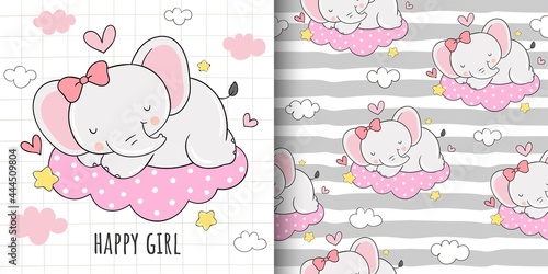 Draw greeting card pattern of elephant girl for fabric textiles kids