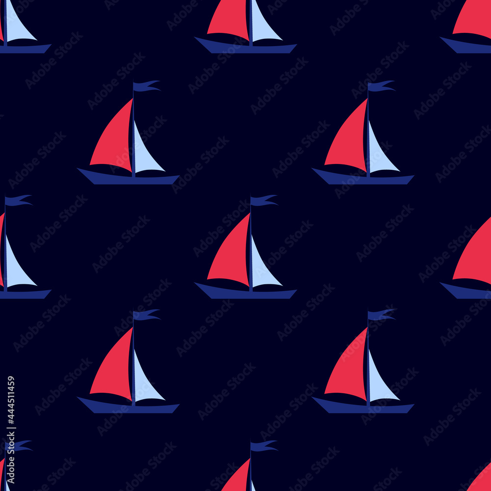 Seamless background. Sailboat on a dark, blue background. Marine pattern for fabric, clothing, textile, wrapping paper. Vector, illustration