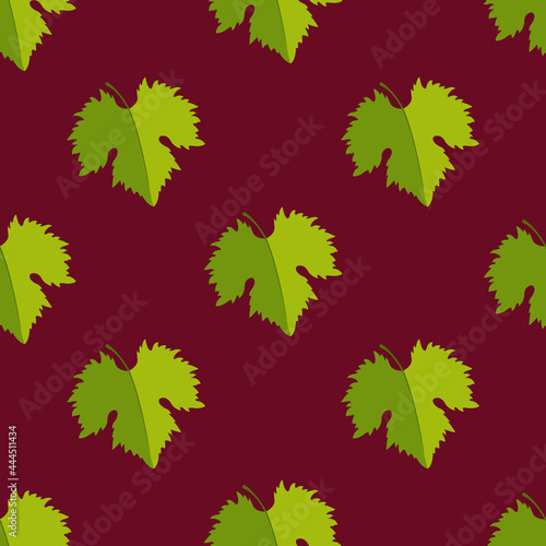 Green leaves of grapes on a red background. Seamless background. Print for fabric, clothing, textile, wrapping paper. Vector, illustration