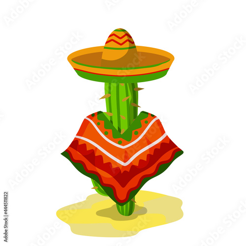 Cactus in poncho and sombrero. Mexican character. National symbols