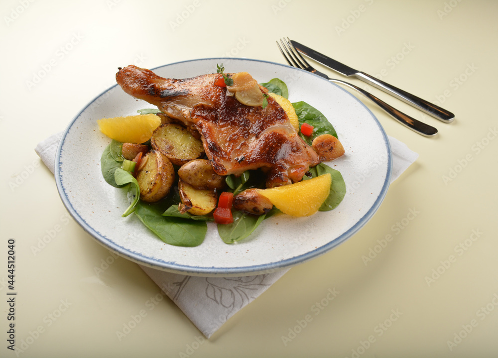 Texas grilled bbq chicken leg confit with vegetables and chef brown sauce western main course halal menu Texas grilled bbq chicken leg confit with vegetables and chef brown sauce western main course halal menu