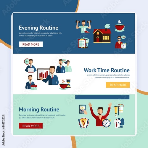 Morning working hours and evening daily routine businessman cartoon character horizontal flat banners abstract isolated vector illustration