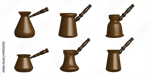 Set. 3 d coffee pot isolated on white background. Coffee turk with a handle.
Turkish coffee.
Cezve. A bowl with a handle for making coffee on the stove. Vector illustration
