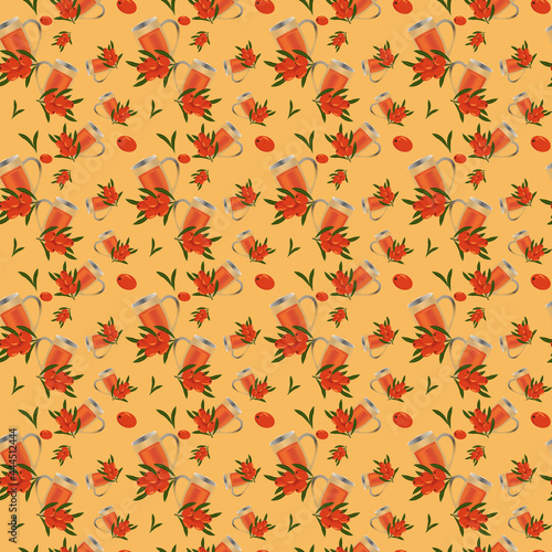 Seamless sea buckthorn. Template. A sprig of sea buckthorn. For wrapping paper and fabric prints. Vector. For covers, packaging designs, labels, menus, wall art and print.