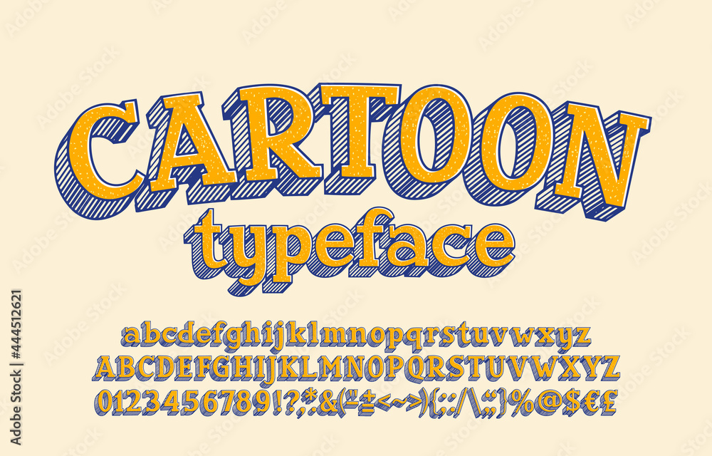 Obraz premium Cartoon alphabet font. Hand drawn uppercase and lowercase letters, numbers and symbols. Stock vector typeface for your design.