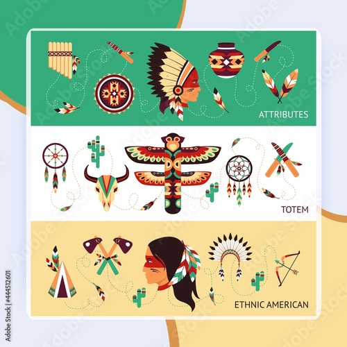 Native american tribes traditional protective ethnic totems and attributes historical concept horizontal banners set abstract vector illustration