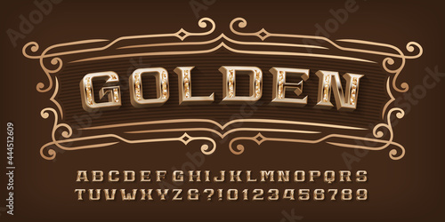 Golden alphabet font. 3D ornate letters, numbers and symbols. Stock vector typescript for your typography design.