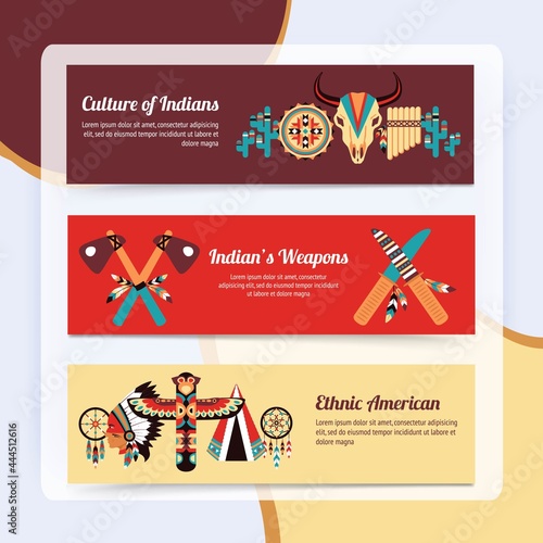 American indigenous people cultural concept horizontal banners set with traditional native tomahawk hatchet weapon abstract vector illustration