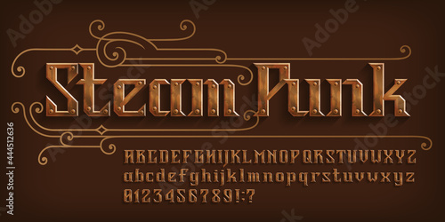 Steam Punk alphabet font. Rivet letters and numbers and symbols. Uppercase and lowercase. Stock vector typescript for your design. photo