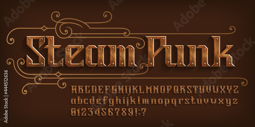 Steam Punk alphabet font. Rivet letters and numbers and symbols. Uppercase and lowercase. Stock vector typescript for your design.