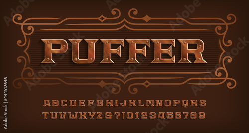 Puffer alphabet font. Steam punk rivet letters and numbers. Stock vector typescript for your design.