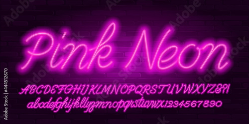 Pink Neon alphabet font. Hand written script letters, numbers and symbols. Uppercase and lowercase. Stock vector typescript for your design.