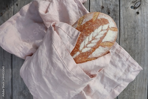 Sourdough Bread Loaf in Linen Tea Towel