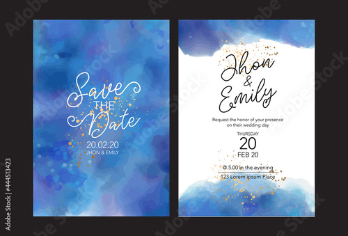 Set of Wedding Invitation, floral invite, thank you, rsvp rustic card design with gold foil decoration. Vector elegant modern template, trendy cover, graphic poster, retro brochure, design template	
