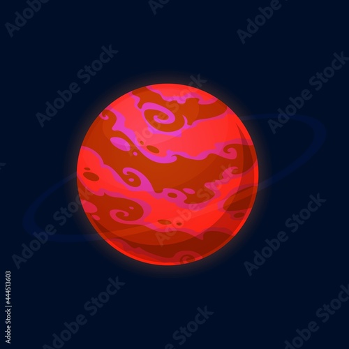 Red fiery planet isolated fantasy alien galaxy universe cartoon icon. Vector imaginary planet ui or gui game design, abstract round globe, funny kids or children cosmic planet, martians world