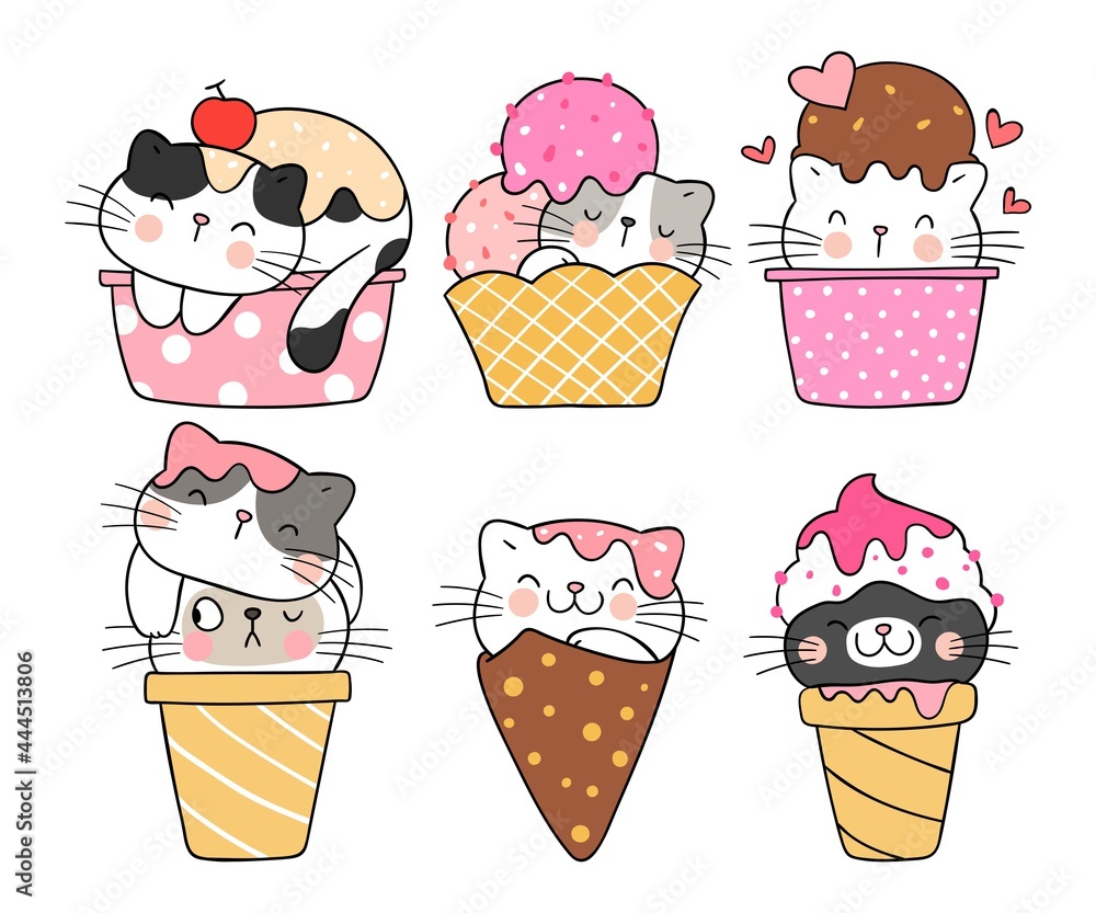 Draw collection happy cat with sweet ice cream Stock Vector Adobe Stock