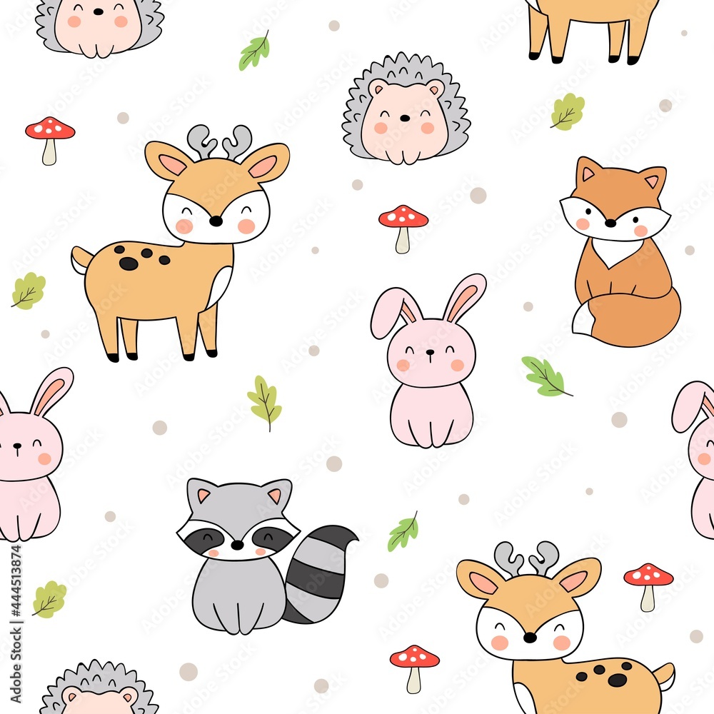 Draw seamless pattern woodland animal Printable for kids