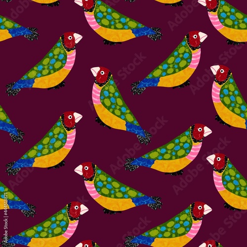 Abstract Hand Drawing Colorful Tropical Exotic Parrots Birds Seamless Pattern Isolated Background