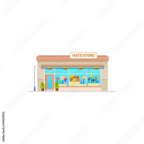 Fototapeta Naklejka Na Ścianę i Meble -  Hats store or shop, headwear fashion boutique display, vector isolated building. Woman and man hats and caps, casual and sport head wear department with window showcase