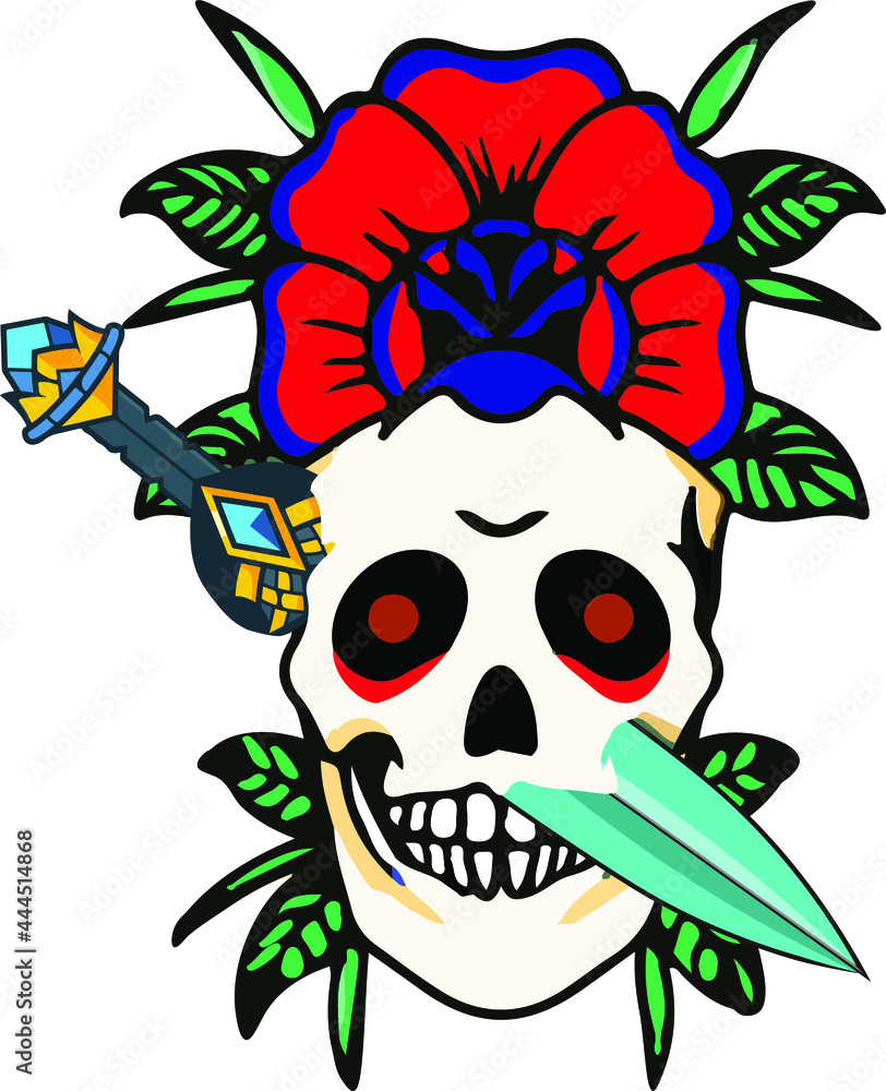 Vector Tattoo Skull with sword and rose on white Background Vector Tattoo Skull with sword and rose on white Background