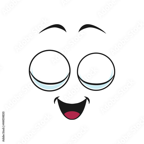Smiling emoticon with big closed eyes isolated cute emoji icon. Vector sleeping or dreaming smiley with eyebrows and open mouth. Cheerful pleased face expression, satisfied funny emoji head