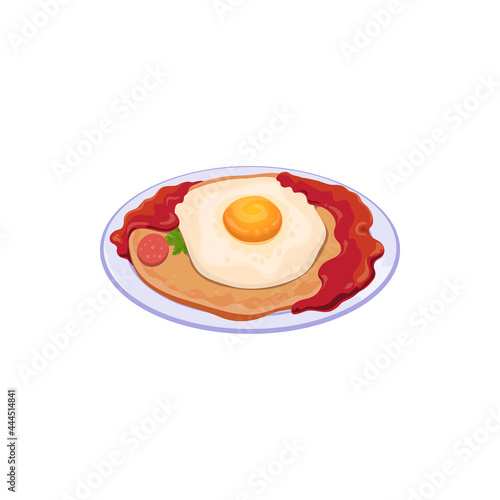 Fried egg on corn tortilla huevos rancheros on plate isolated mexican cuisine food. Vector breakfast dish consisting of eggs served in raditional large mid-morning fare with tomato-chili sauce