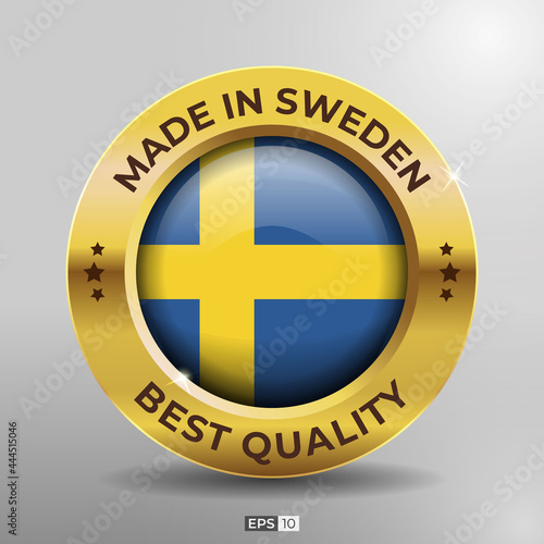 Made in Sweden Label, Logo, Stamp Best Quality Round Flag of Nation with 3D Elegant Gold Glossy Effect