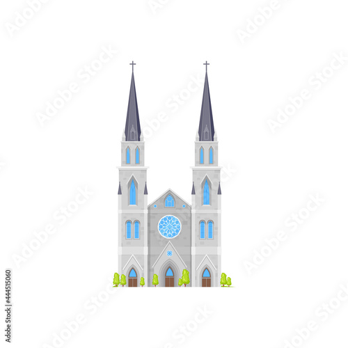 Cathedral church building, temple and chapel vector medieval architecture icon. Catholic or christian religion Gothic church or ancient cathedral facade, flat icon